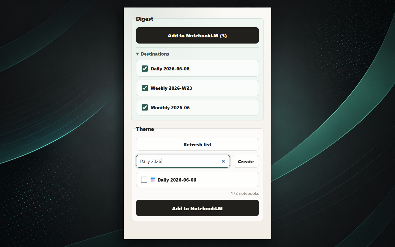 Read Later Is Broken popup with digest and theme notebook controls